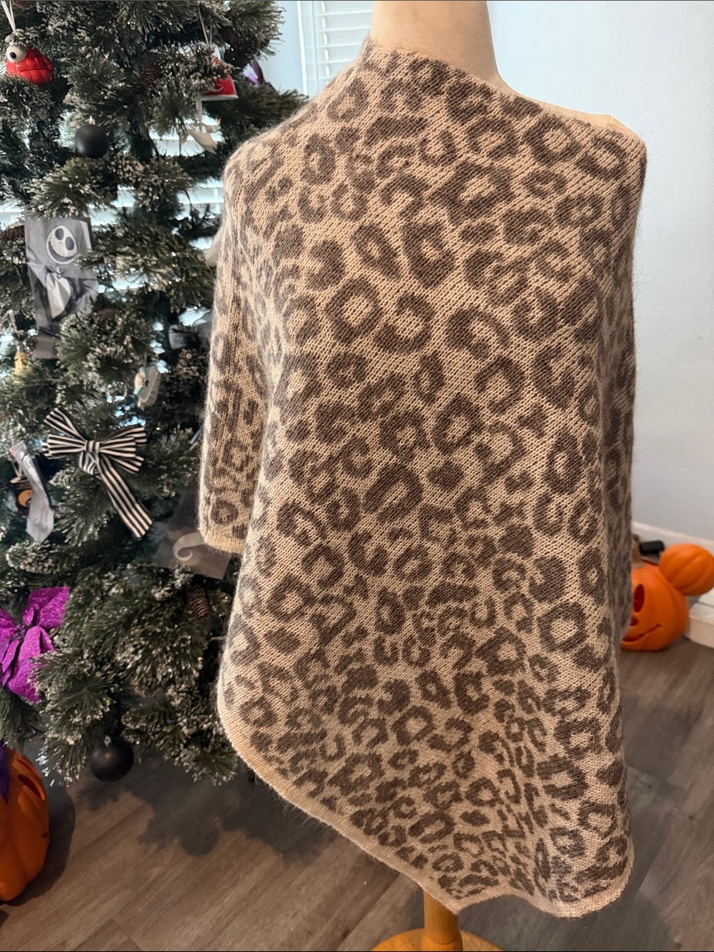 Leopard Print Poncho Sweater - Taupe/Brown